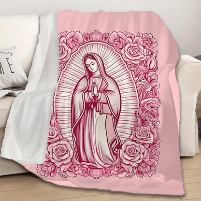 ✝️Comfortable Pink Virgin Mary Blanket - 🌸Made of ultra-soft velvet and decorated with a floral pattern, it's the perfect gift for a daughter, mother, or grandma🎁