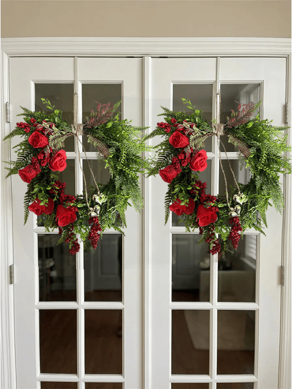 ❤️ Valentine’s Day Farmhouse Valentine Heart Wreath: Gold Bells, Red Roses & Berries🎉