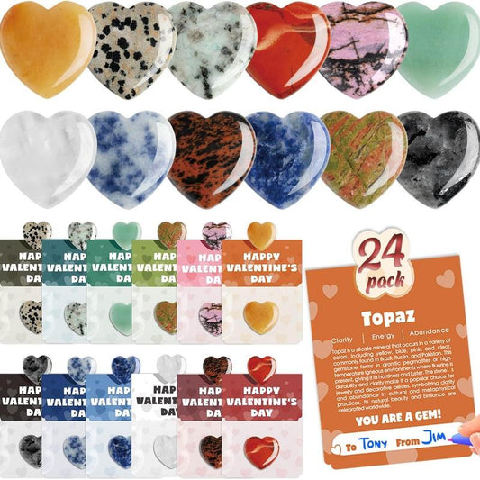 💘Valentine's Day Gem Gifts for Kids & Adults🎁 24-Pack Prefilled Cards with Heart-Shaped Gemstones
