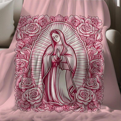 ✝️Comfortable Pink Virgin Mary Blanket - 🌸Made of ultra-soft velvet and decorated with a floral pattern, it's the perfect gift for a daughter, mother, or grandma🎁
